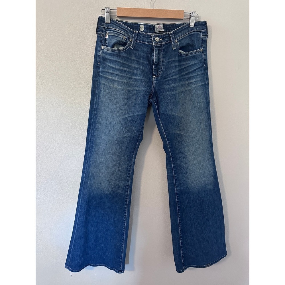 AG Adriano Goldschmied Belle Flare Jeans 31R Blue Distressed Medium Wash Denim